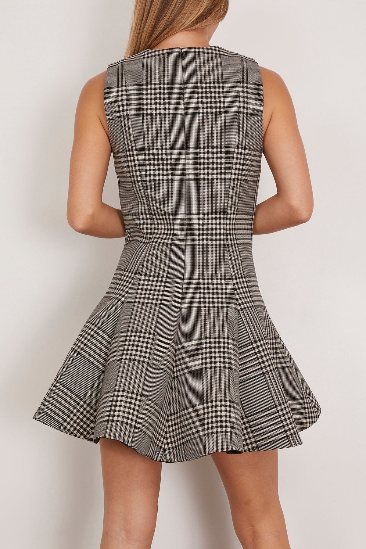 Brandon Maxwell The Sophie Crew Neck Fitted Mini Dress in Prince of Wales Plaid