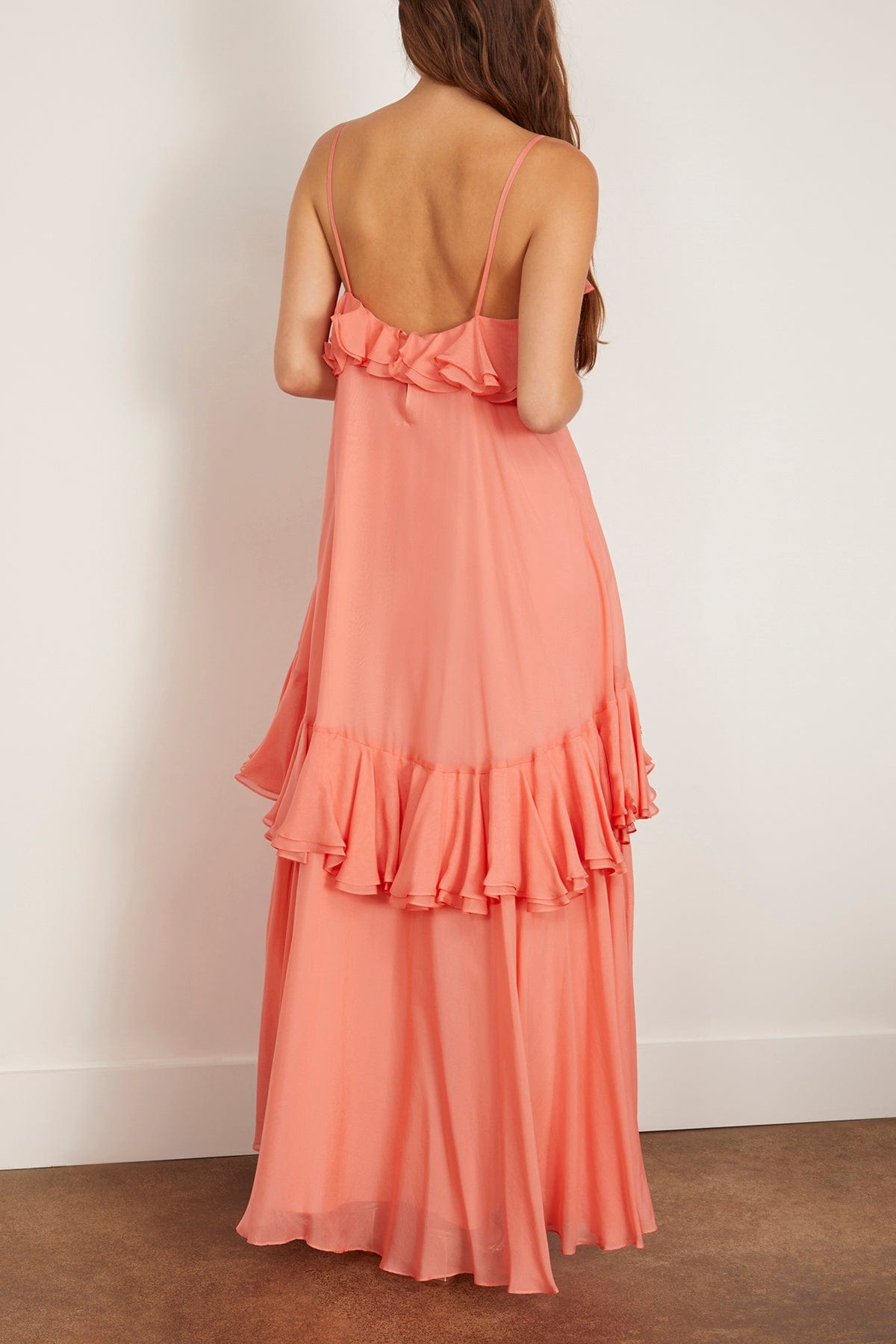 DELPHINE | Lucy Dress | Coral Pink Cascading Ruffle Gown DELPHINE | Lucy Dress | Coral Pink Cascading Ruffle Gown