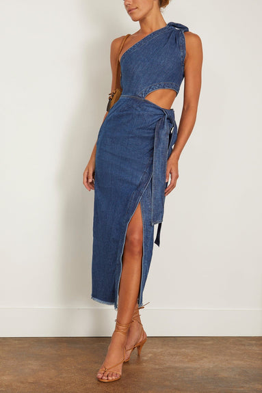 Simkhai Casual Dresses Doran Denim Draped Tie Midi Dress in Covina Simkhai Doran Denim Draped Tie Midi Dress in Covina