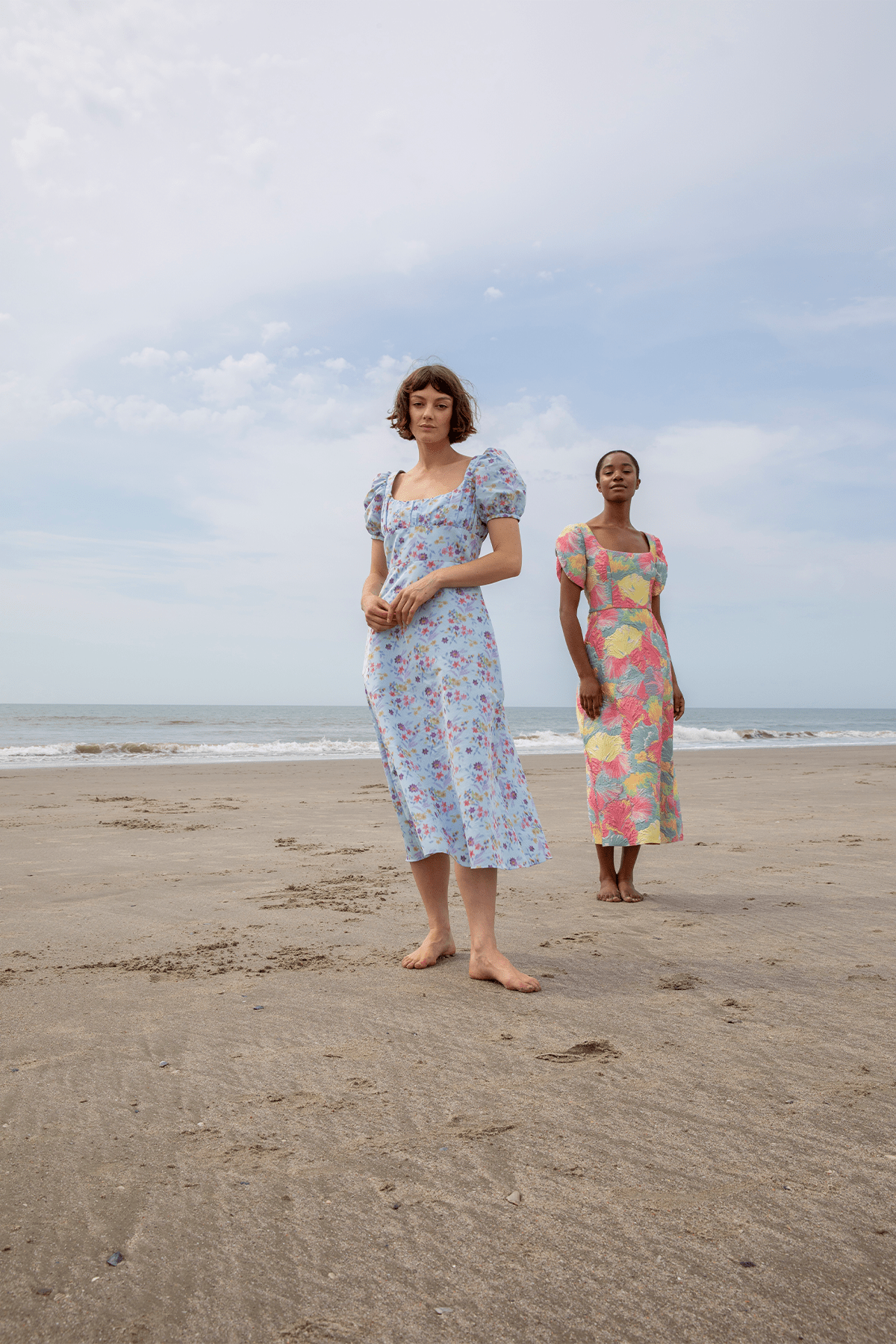 Markarian Casual Dresses Elora Ikat Puff Sleeve A-Line Midi Dress in Blue and Pink Floral Markarian Elora Ikat Puff Sleeve A-Line Midi Dress in Blue and Pink Floral