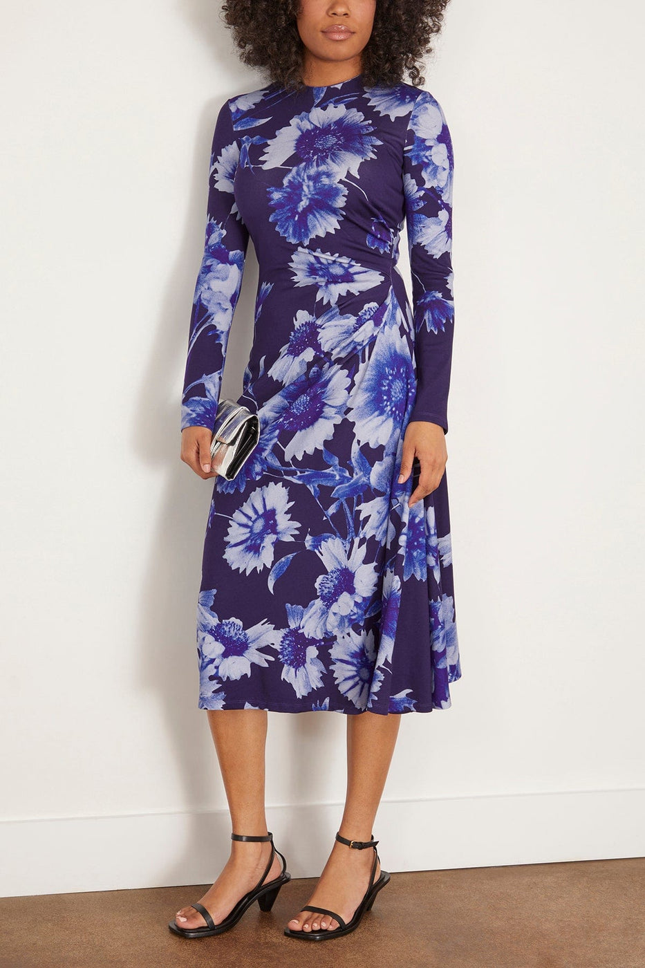 Erdem Cocktail Dresses Long Sleeve Draped Midi Dress in Troubridge Floral Indigo Erdem Long Sleeve Draped Midi Dress in Troubridge Floral Indigo