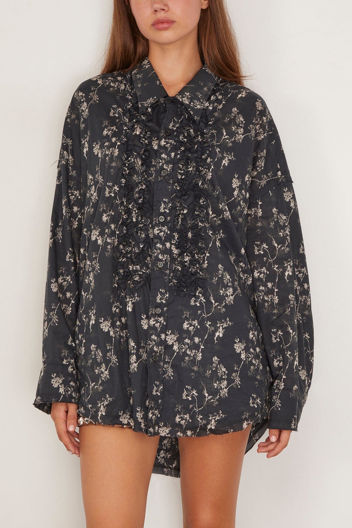 R13 Shredded Seam Ruffle Shirt in Floral on Black