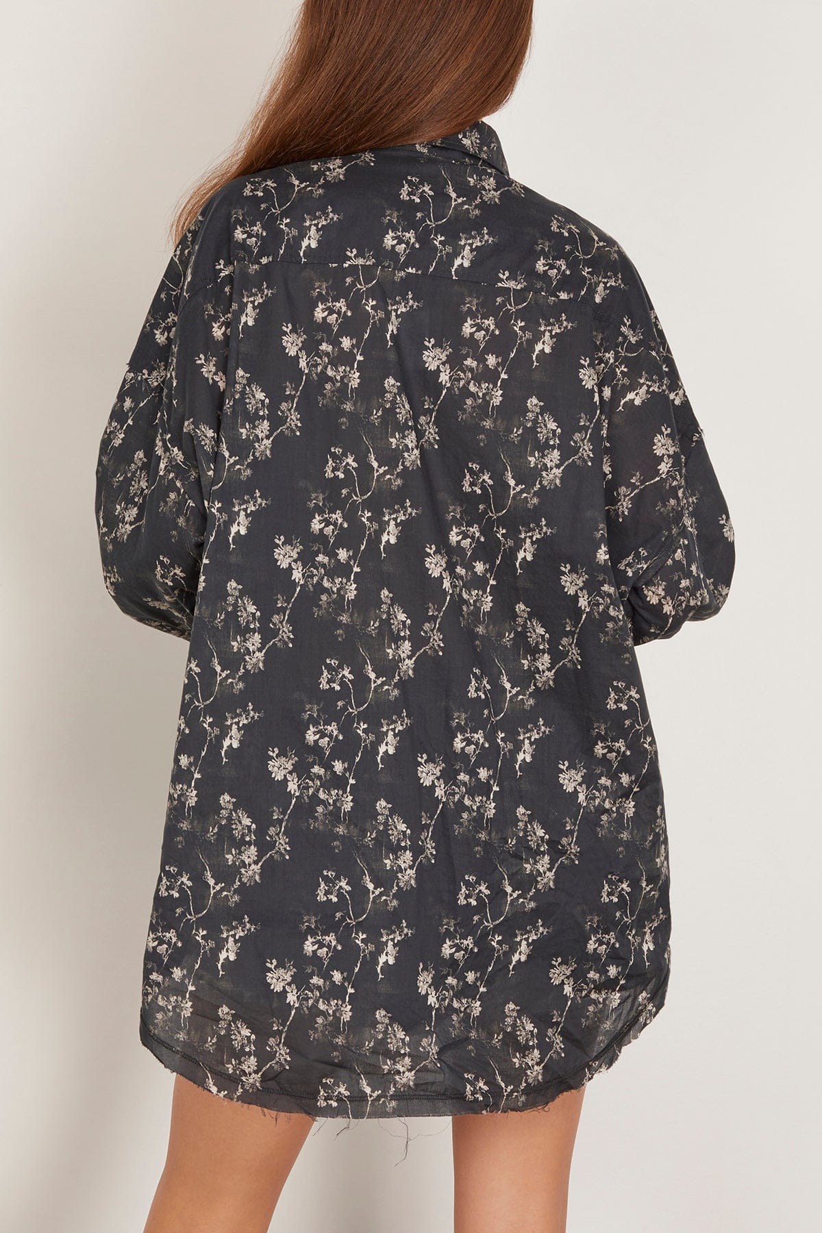 R13 Shredded Seam Ruffle Shirt in Floral on Black