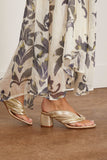 Forte Forte Heeled Laminated Leather Thong Sandals in Silver