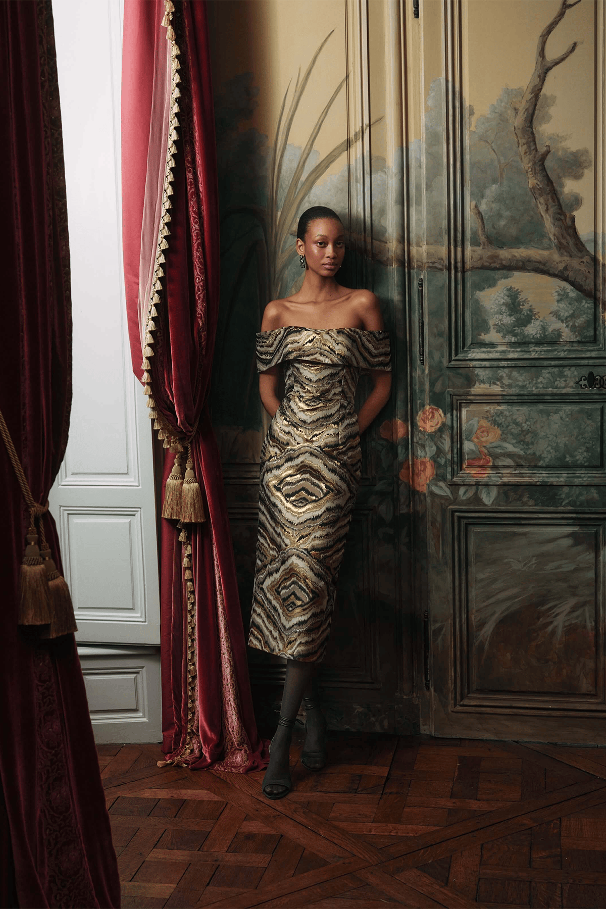 Markarian Gloria Jacquard Off The Shoulder Midi Dress in Metallic Woodgrain