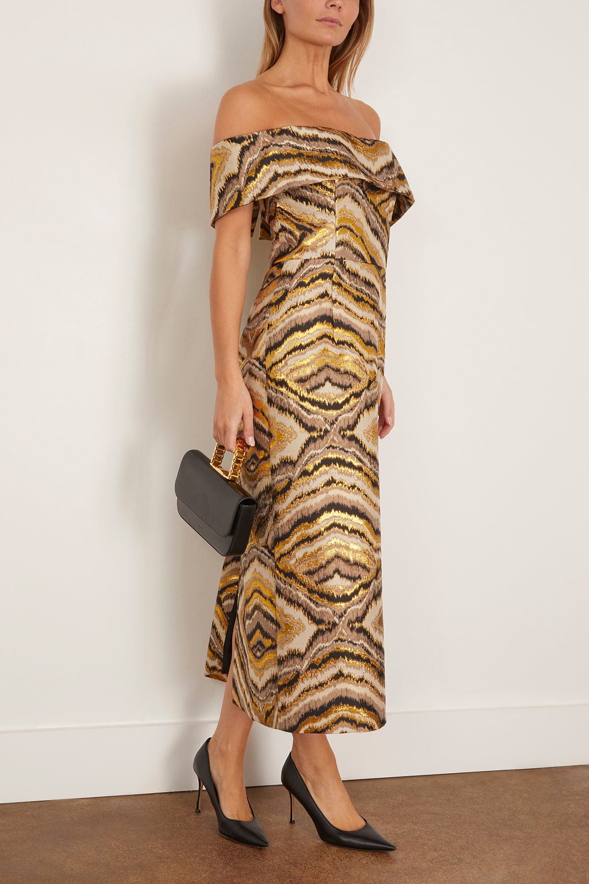 Markarian Gloria Jacquard Off The Shoulder Midi Dress in Metallic Woodgrain