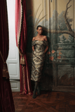 Markarian Gloria Jacquard Off The Shoulder Midi Dress in Metallic Woodgrain