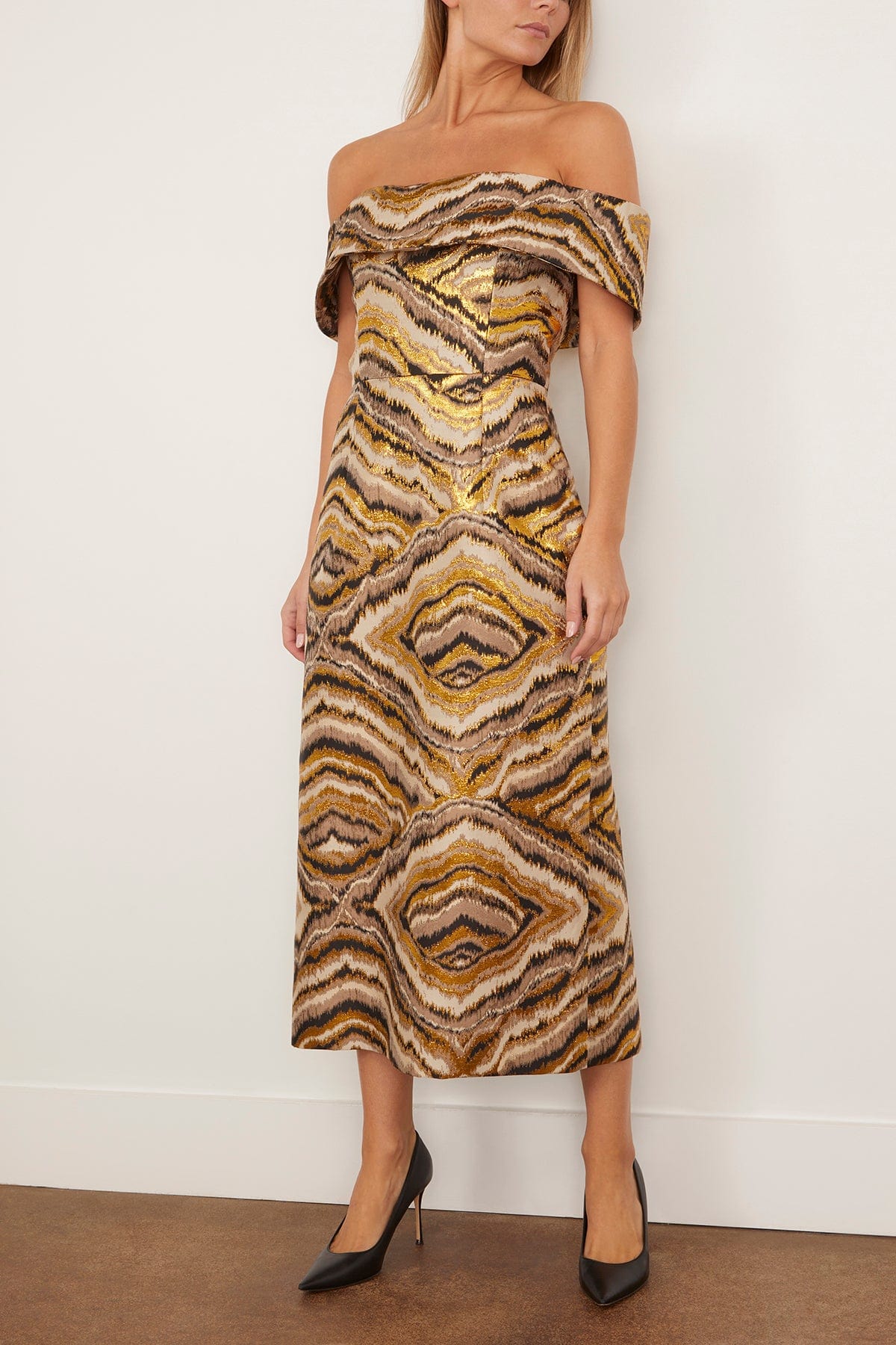 Markarian Gloria Jacquard Off The Shoulder Midi Dress in Metallic Woodgrain