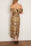 Markarian Gloria Jacquard Off The Shoulder Midi Dress in Metallic Woodgrain