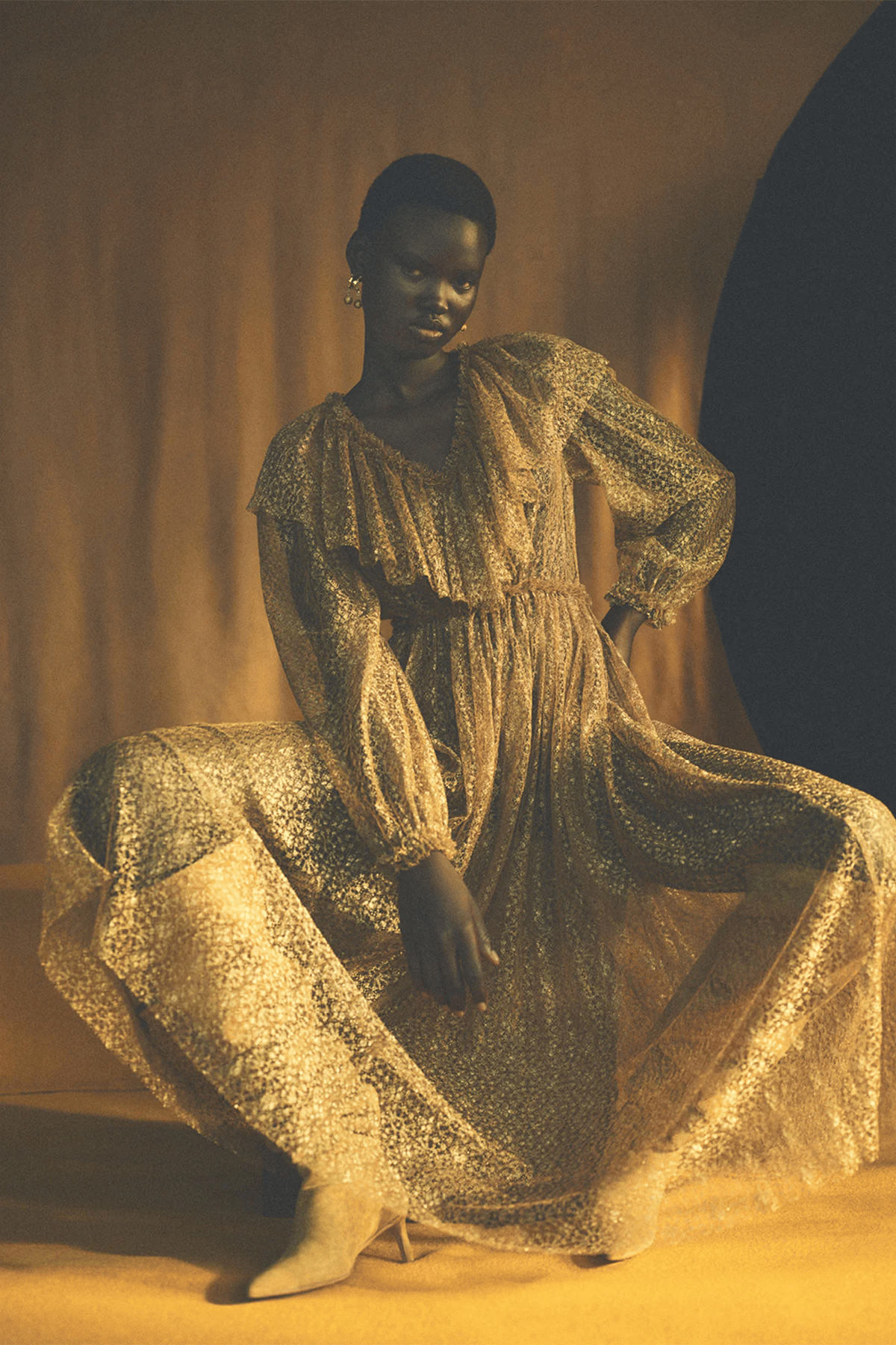 Ulla Johnson Helena Ruffle Neckline Long Sleeve Dress in Burnish