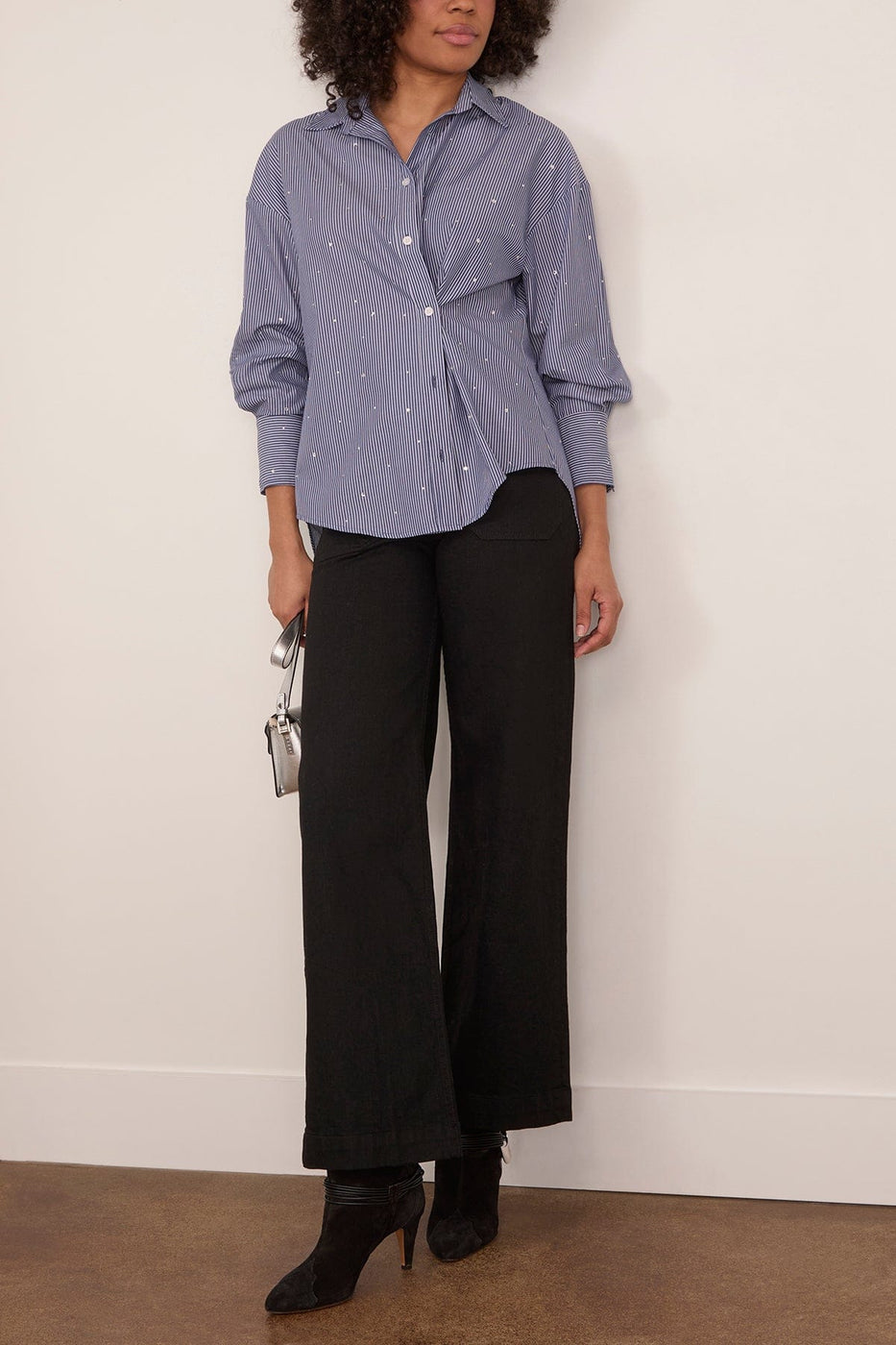 LAFATA Frankie Crystal Stripe Shirt in Navy/White