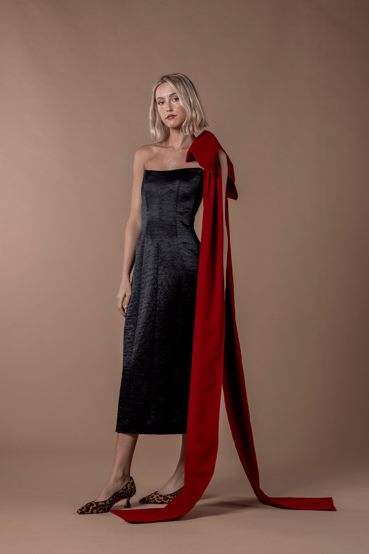 Markarian Lana Strapless Midi Dress in Black Hammered Satin
