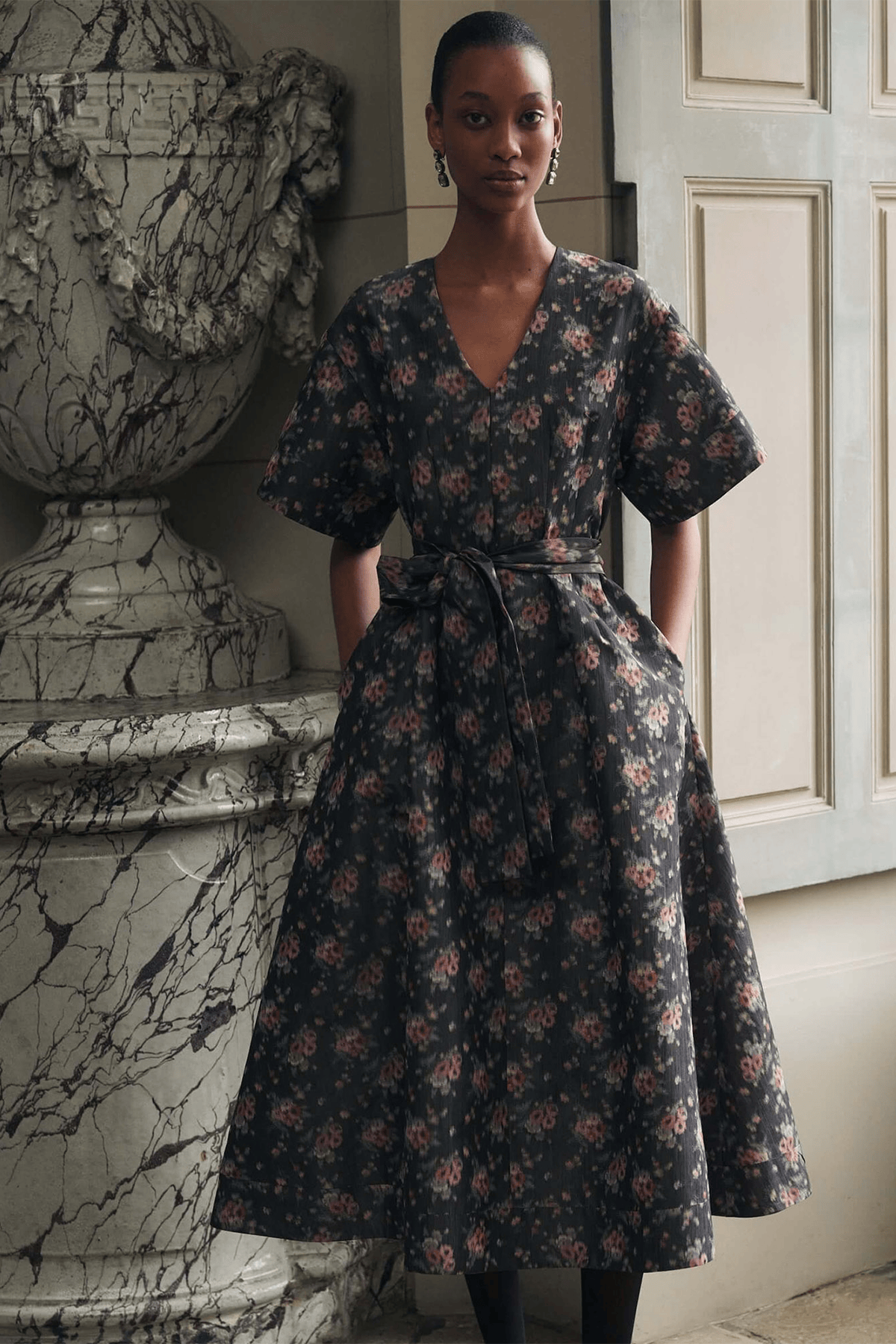 Markarian Lunetta Taffeta Wide Sleeve Pleated Midi Dress in Shadow Floral Ikat