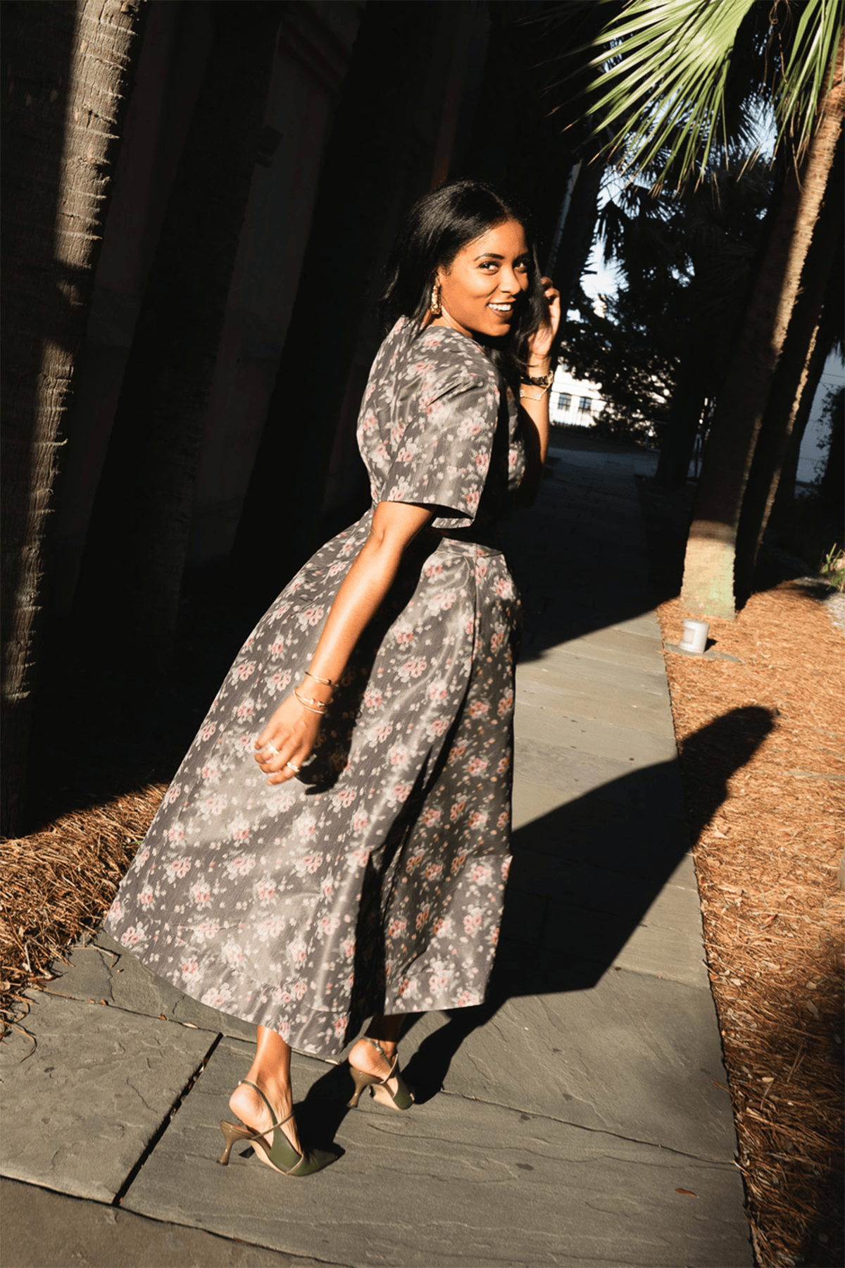 Markarian Lunetta Taffeta Wide Sleeve Pleated Midi Dress in Shadow Floral Ikat