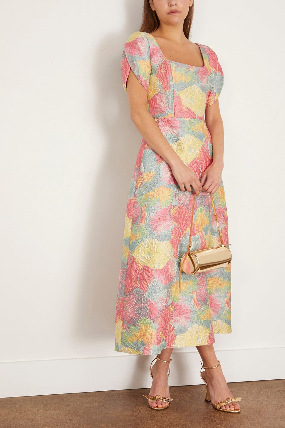 Markarian Cocktail Dresses Astrid Square Neck Midi Dress with Petal Sleeve in Sherbert Floral Brocade Markarian Astrid Square Neck Midi Dress with Petal Sleeve in Sherbert Floral Brocade