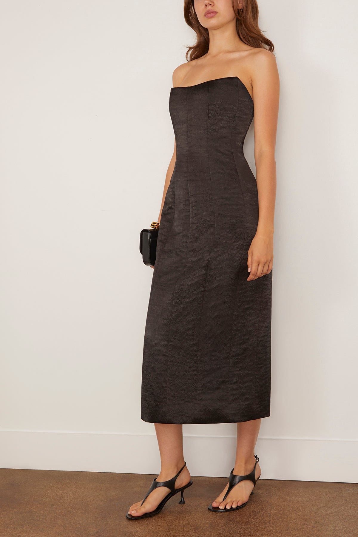 Markarian Lana Strapless Midi Dress in Black Hammered Satin