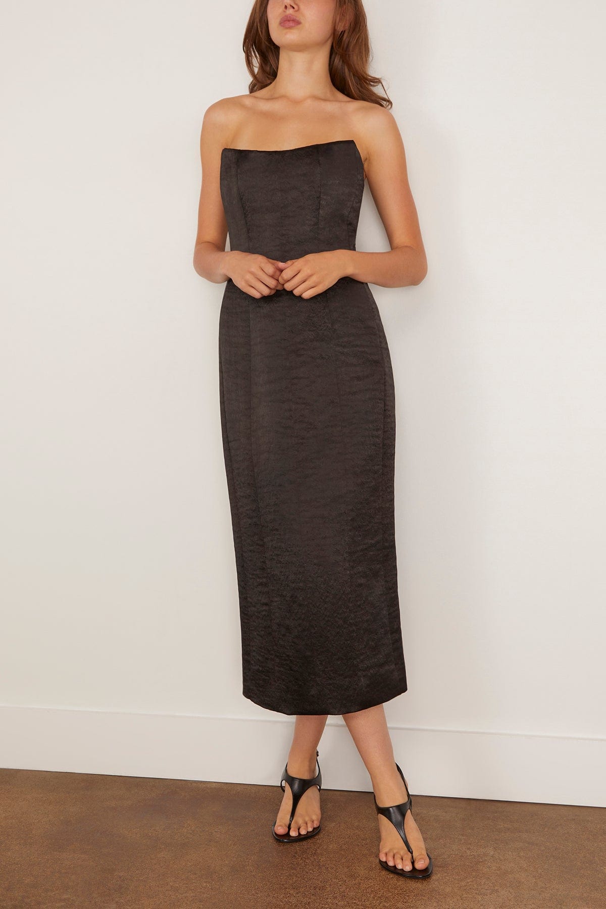 Markarian Lana Strapless Midi Dress in Black Hammered Satin