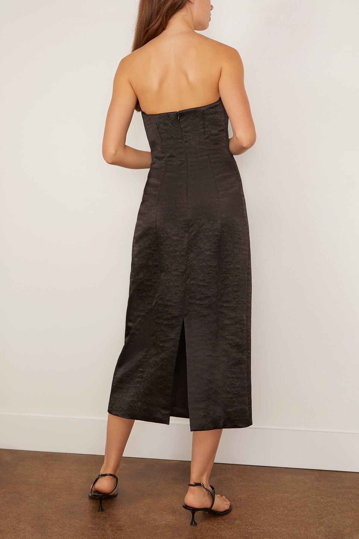 Markarian Lana Strapless Midi Dress in Black Hammered Satin