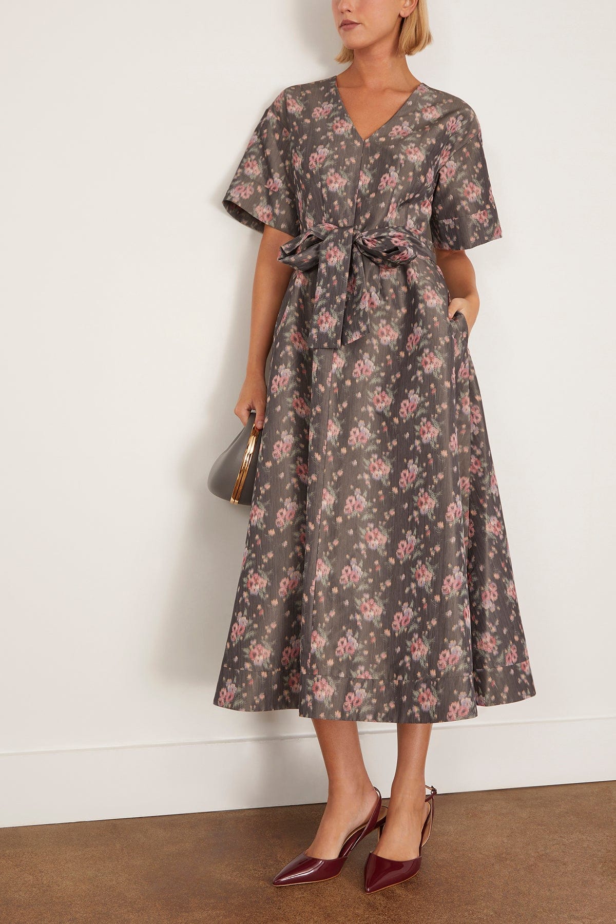 Markarian Lunetta Taffeta Wide Sleeve Pleated Midi Dress in Shadow Floral Ikat