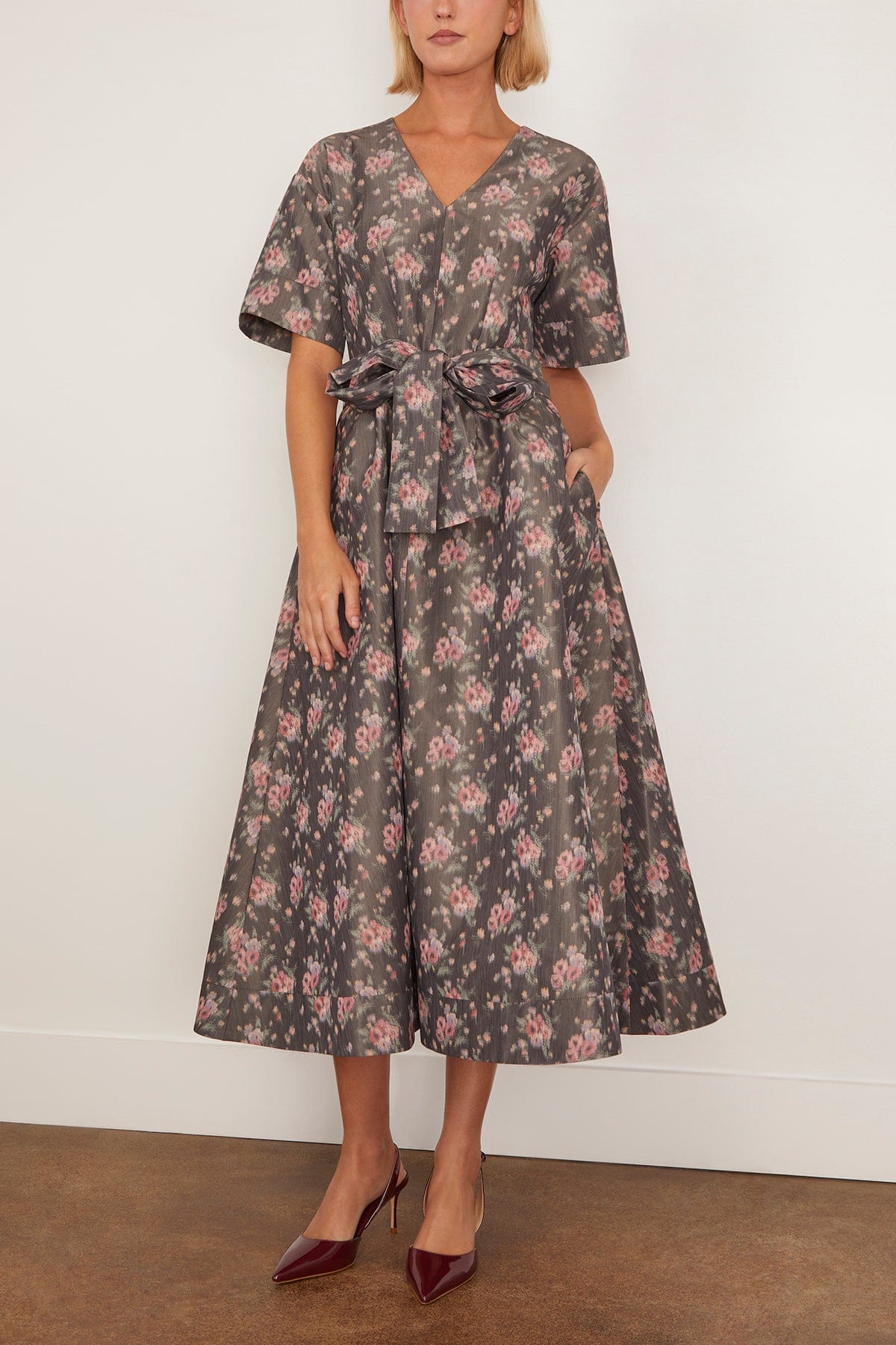 Markarian Lunetta Taffeta Wide Sleeve Pleated Midi Dress in Shadow Floral Ikat