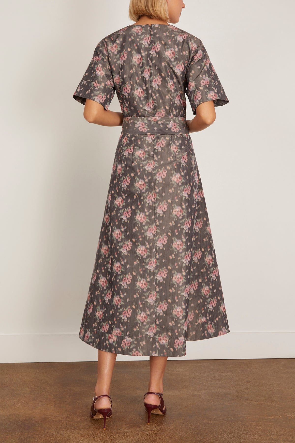 Markarian Lunetta Taffeta Wide Sleeve Pleated Midi Dress in Shadow Floral Ikat