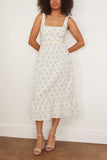 Markarian Cocktail Dresses Pansy Tiered Midi Dress with Bow Belt in Ivory and Blue Floral Markarian Pansy Tiered Midi Dress with Bow Belt in Ivory and Blue Floral