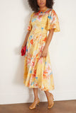 Sarah Printed Satin Midi Dress with Flutter Sleeve in Yellow Peony