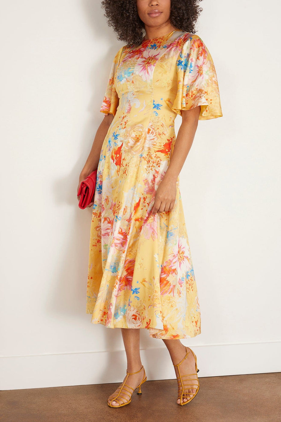 Markarian Cocktail Dresses Sarah Printed Satin Midi Dress with Flutter Sleeve in Yellow Peony Markarian Sarah Printed Satin Midi Dress with Flutter Sleeve in Yellow Peony