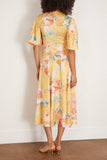 Sarah Printed Satin Midi Dress with Flutter Sleeve in Yellow Peony