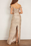 Markarian Yolanda Brocade Off The Shoulder Gown in Gold Wavy Stripe