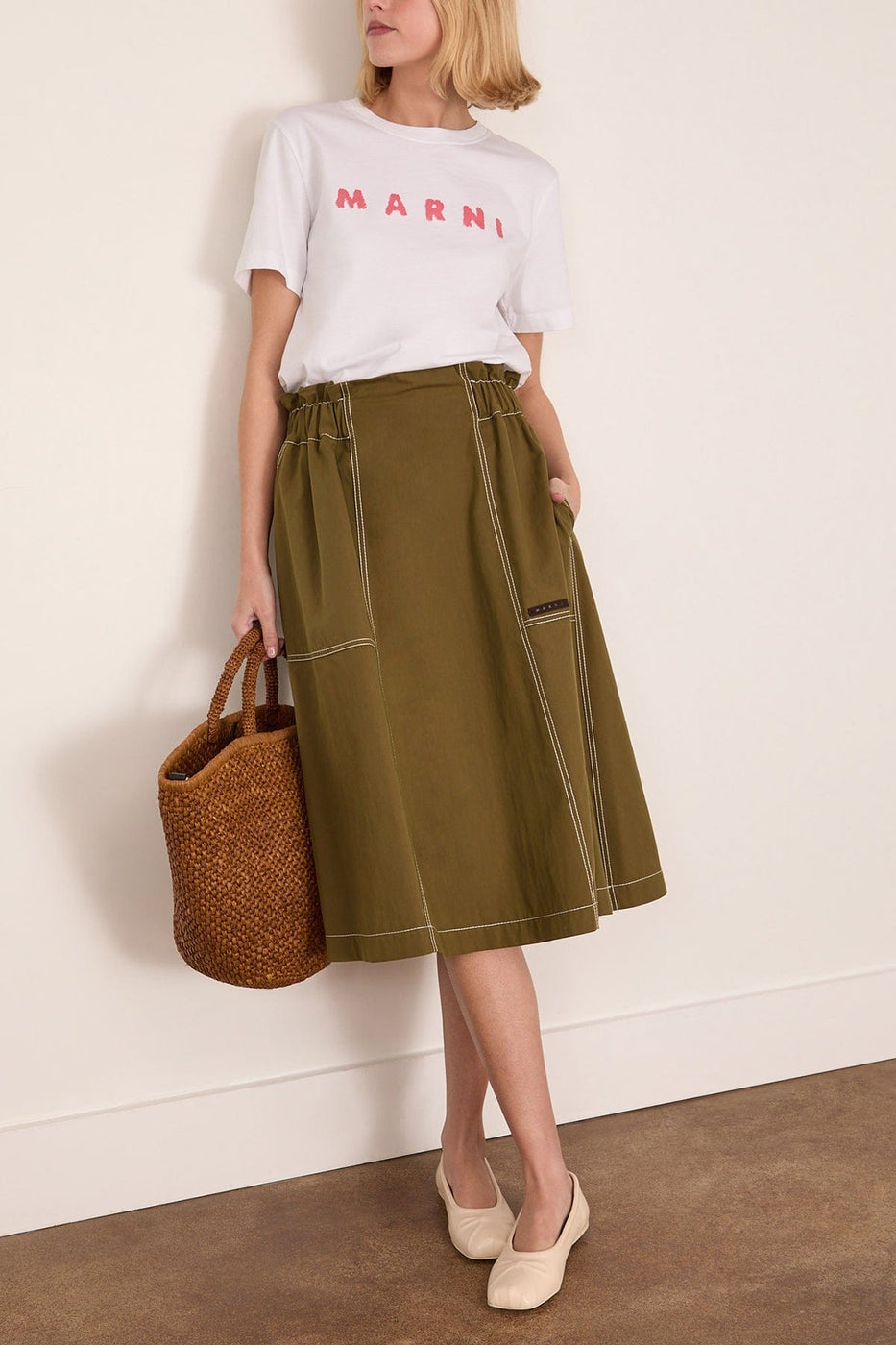 Marni Gathered Waist Midi Skirt in Musk