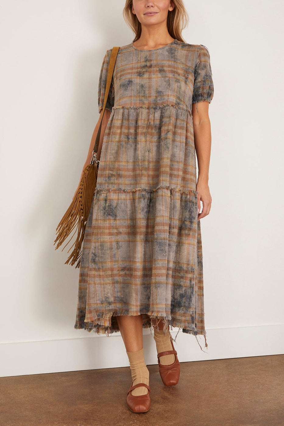 R13 Shredded Relaxed Midi Dress in Overdyed Light Blue Plaid
