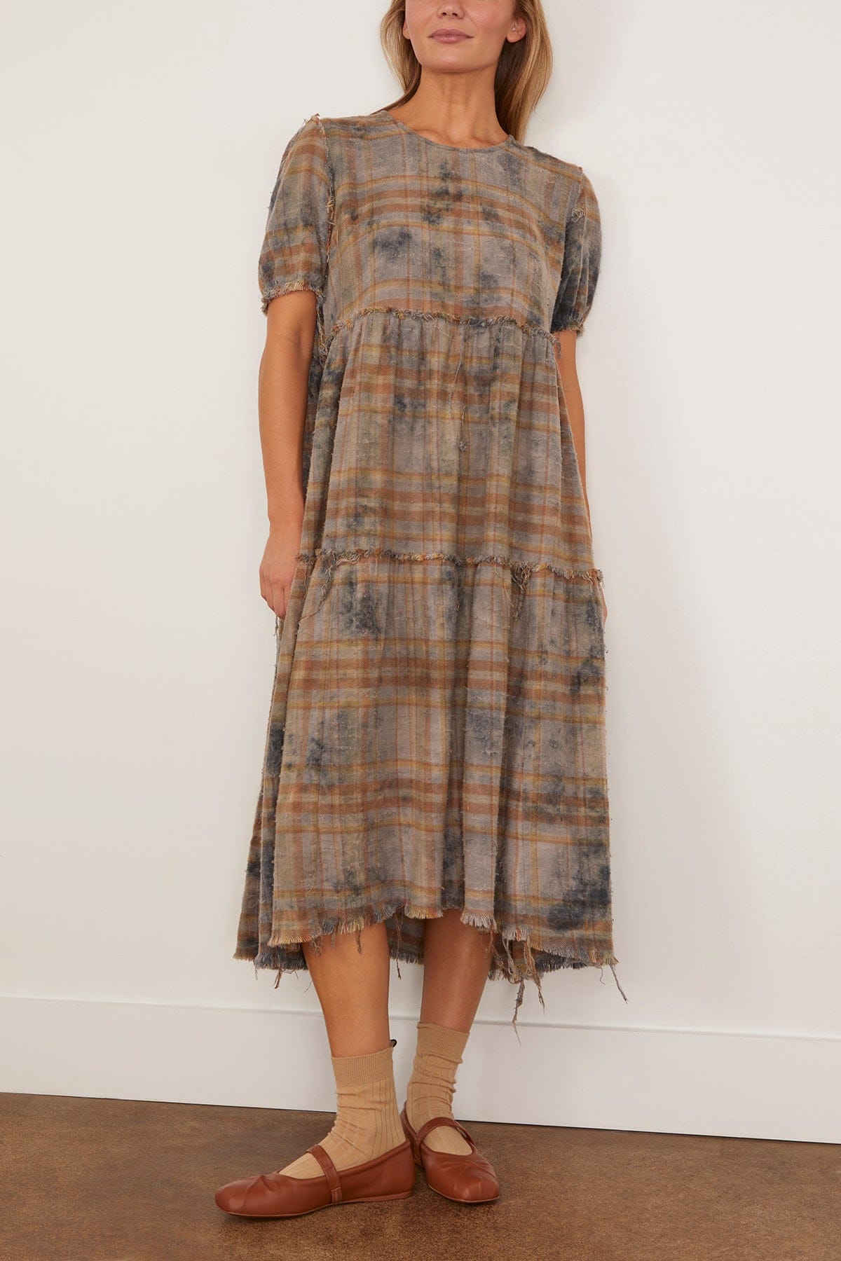 R13 Shredded Relaxed Midi Dress in Overdyed Light Blue Plaid