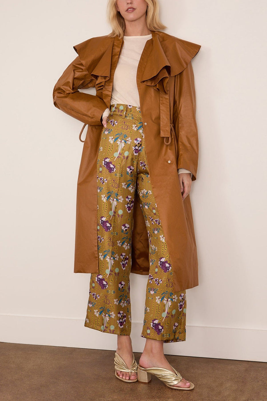 Paula Sonia Silk Twill Pant in Mustard Floral