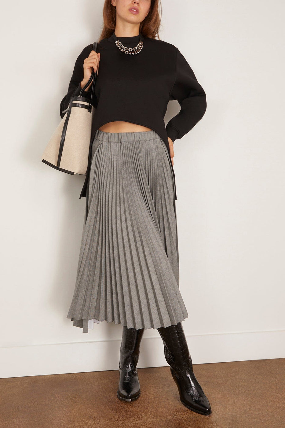 Plan C Pleated Skirt in Black Melange