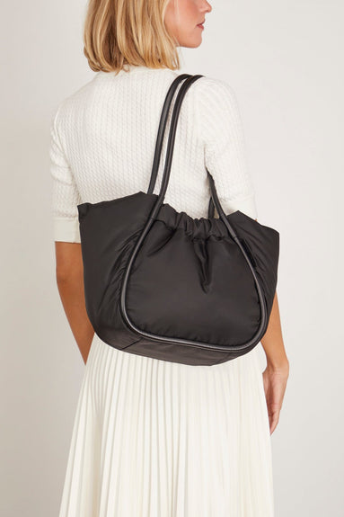 Large Ruched Puffy Nylon Tote in Black