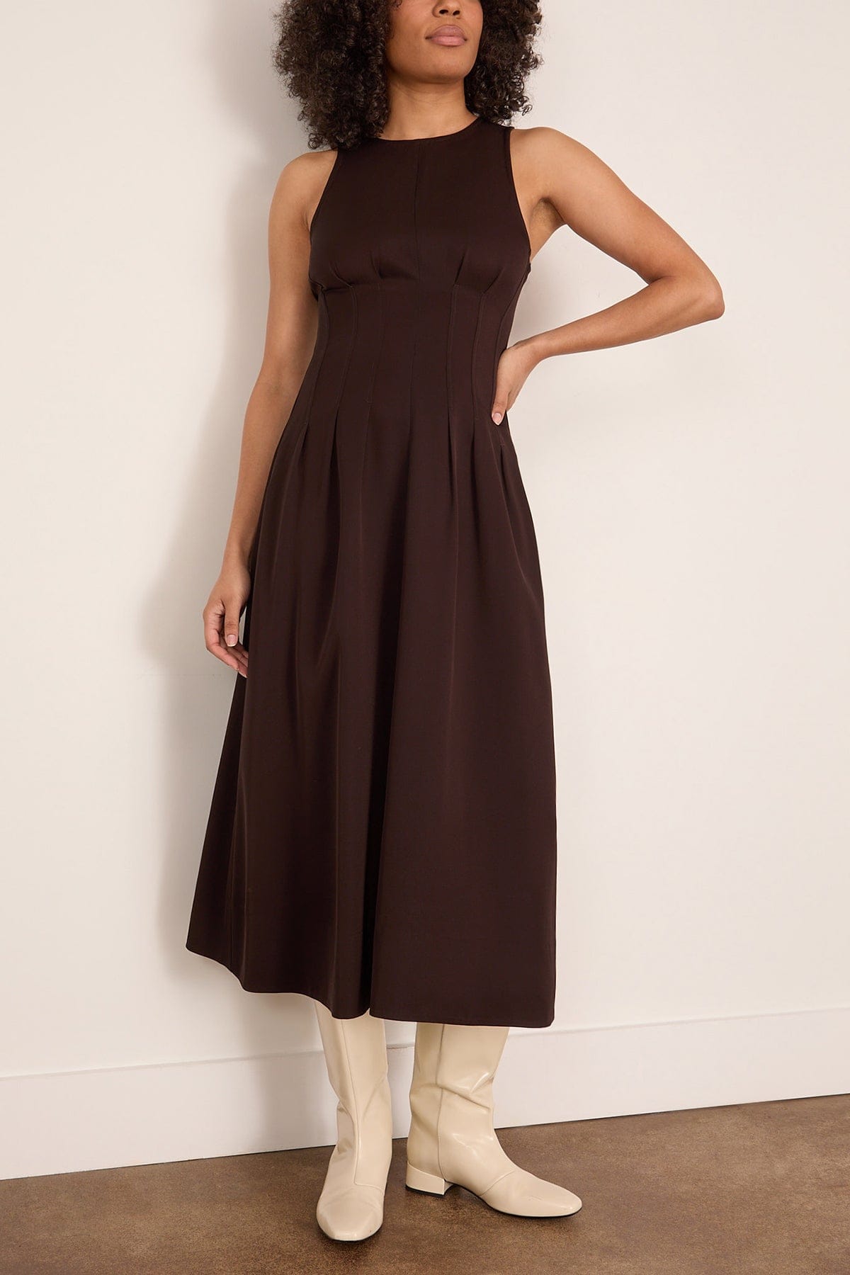 Proenza Schouler White Label Bronwyn Dress in Merino Wool Twill Chocolate Hampden Clothing Proenza Schouler White Label Bronwyn Dress in Merino Wool Twill Chocolate Hampden Clothing