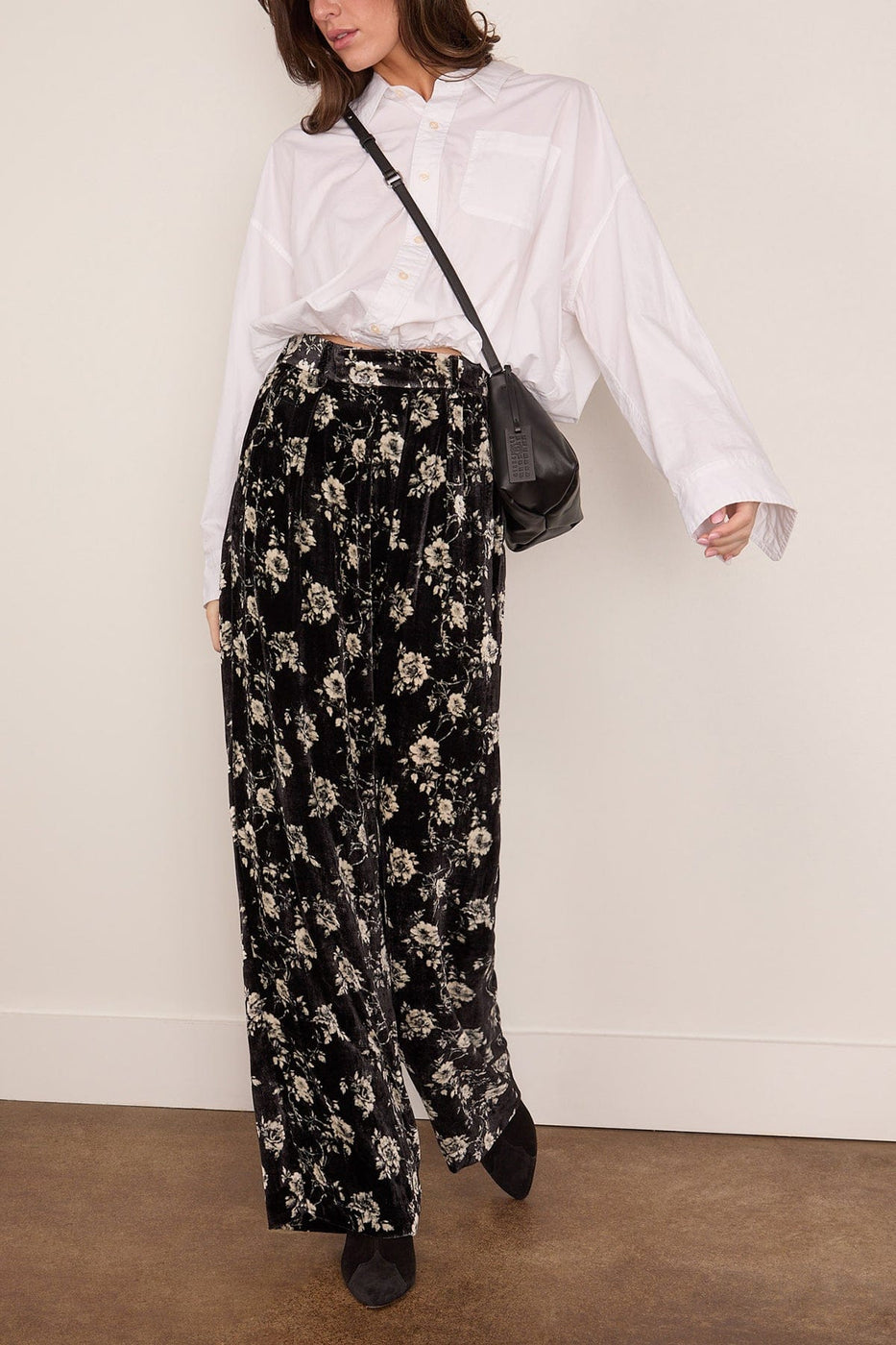 R13 Double Pleat Trouser in Floral on Black