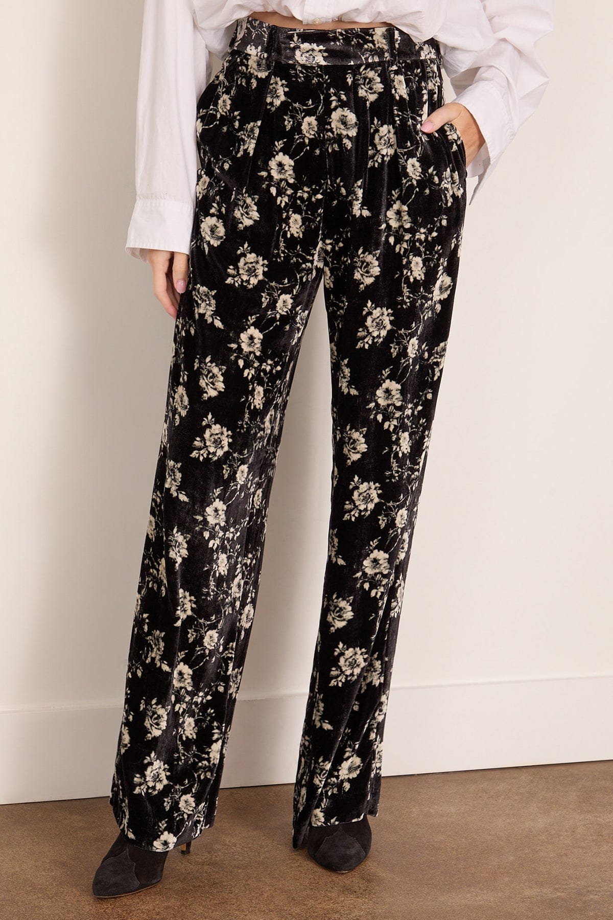 R13 Double Pleat Trouser in Floral on Black