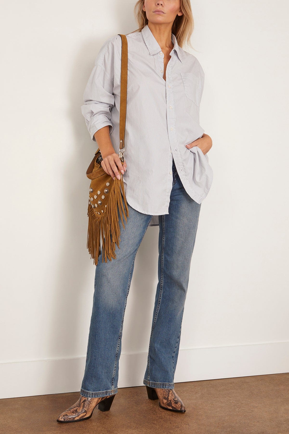 R13 Drop Neck Oxford Shirt in Bluewhite Pinstripe