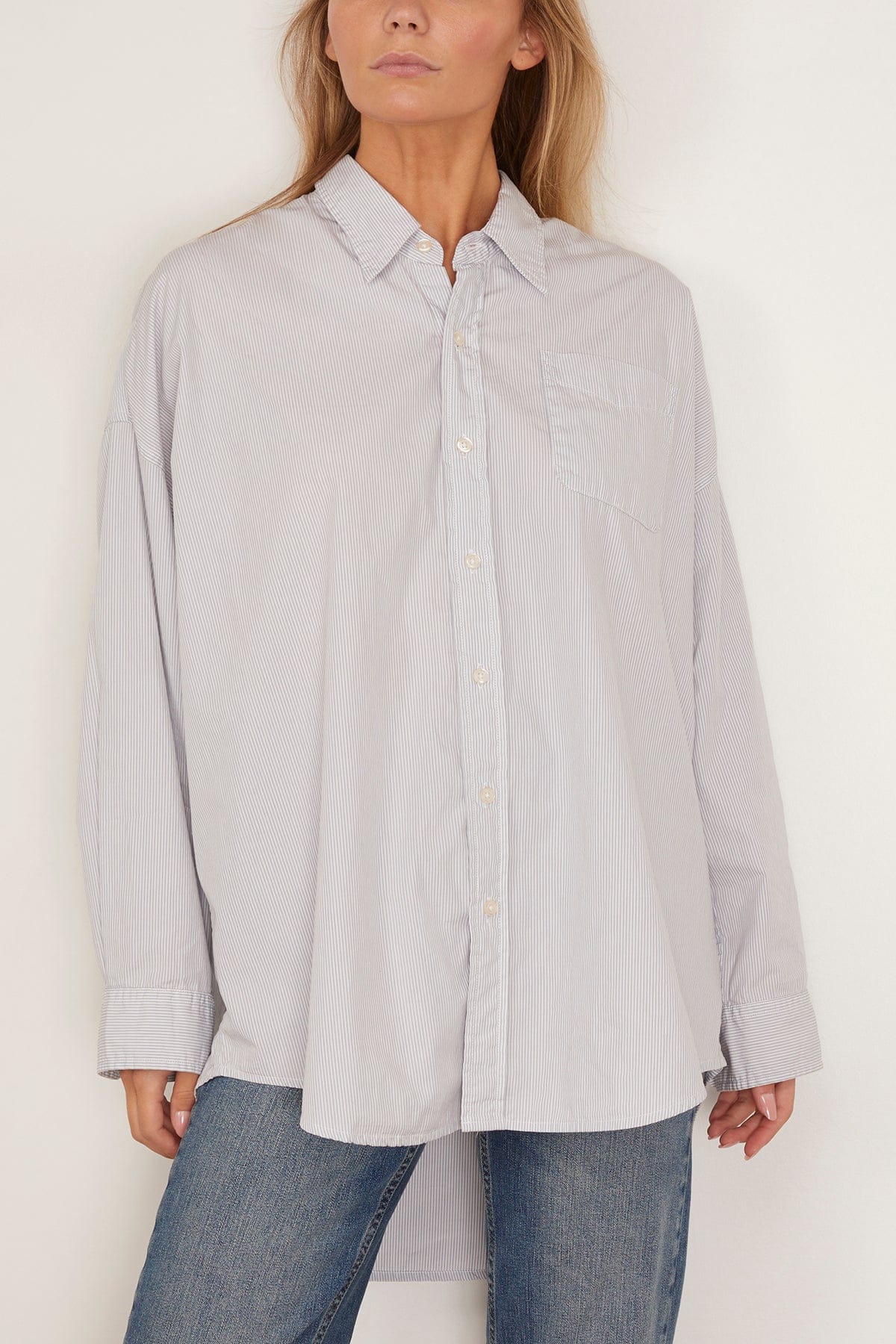 R13 Drop Neck Oxford Shirt in Bluewhite Pinstripe
