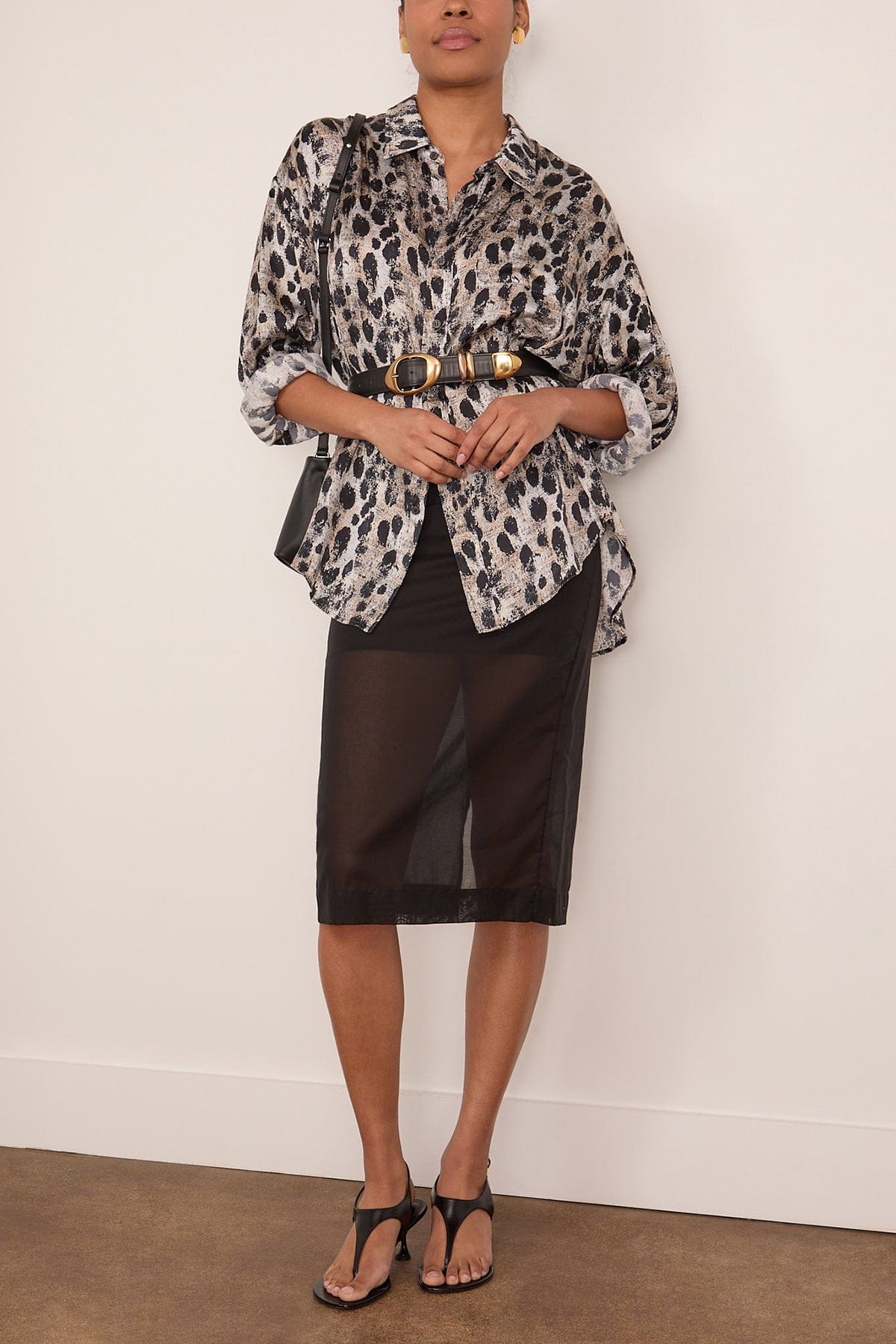 R13 Drop Neck Shirt in Black Silver Leopard