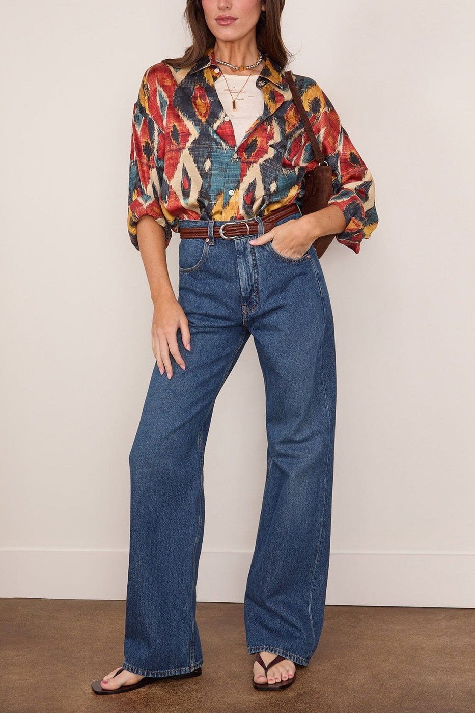 R13 Drop Neck Shirt in Red Multicolor