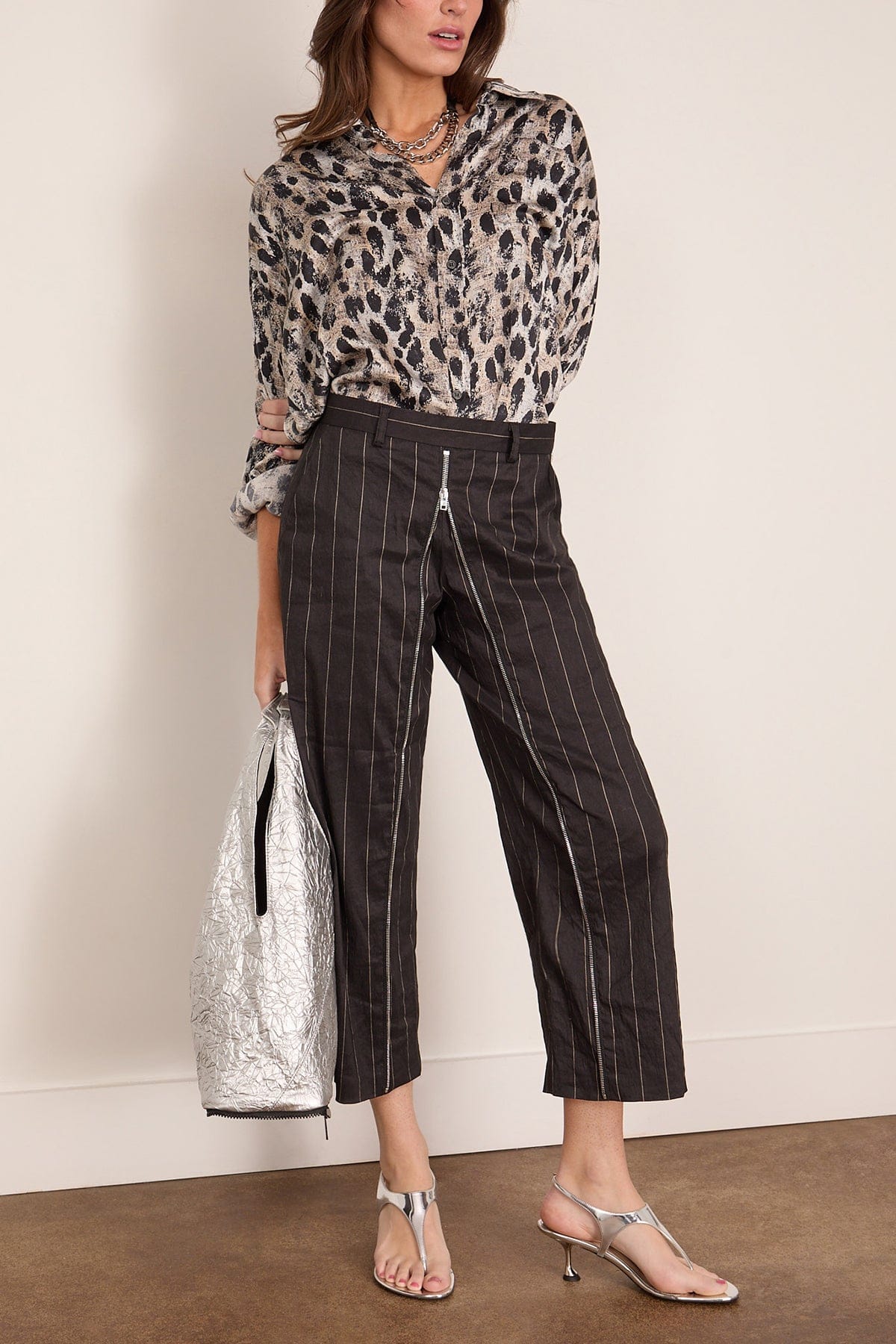 R13 Front Zip Trouser in Black Silver Wide