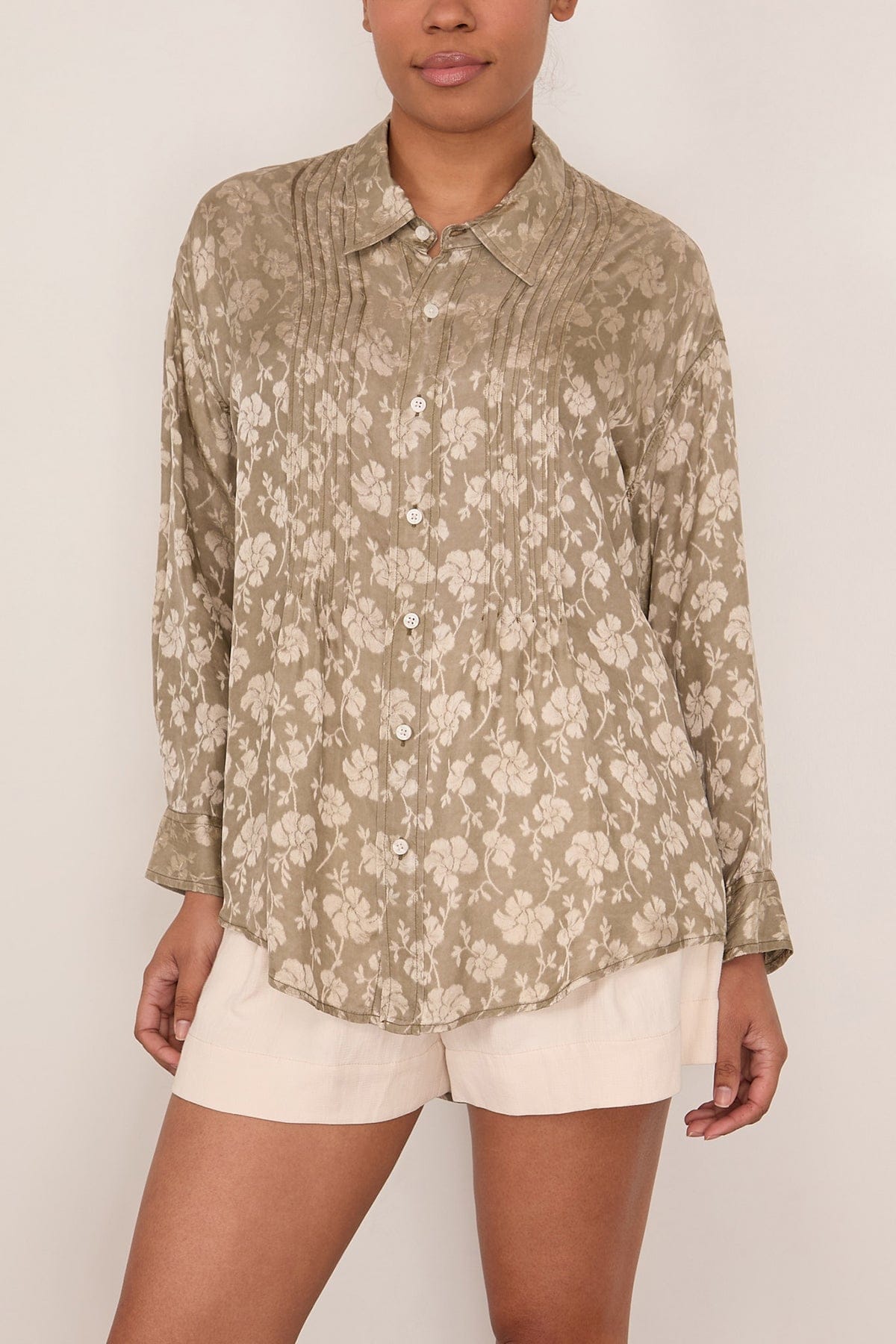 R13 Pintuck Drop Neck Shirt in Olive Floral