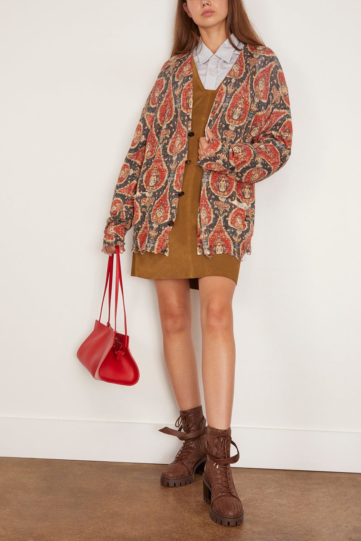 R13 Printed Boyfriend Cardigan in Black/Red Multicolor