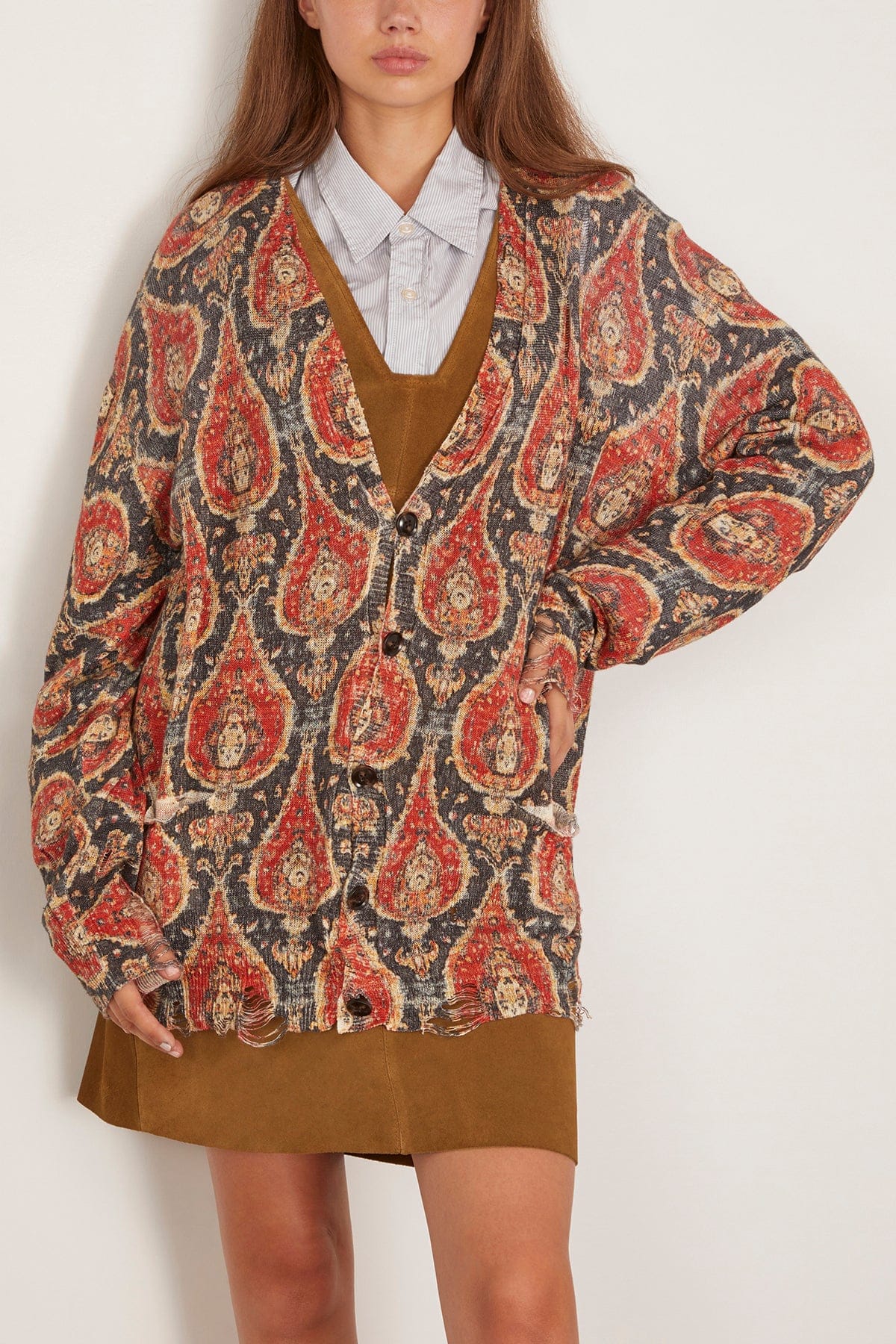 R13 Printed Boyfriend Cardigan in Black/Red Multicolor