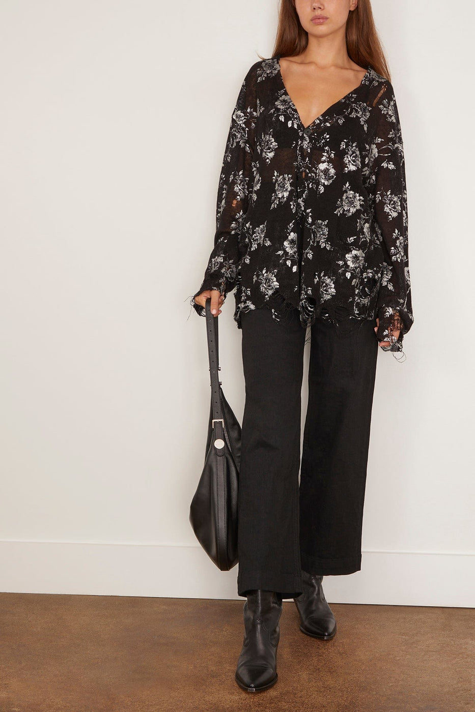 R13 Printed Boyfriend Cardigan in Silver Floral on Black