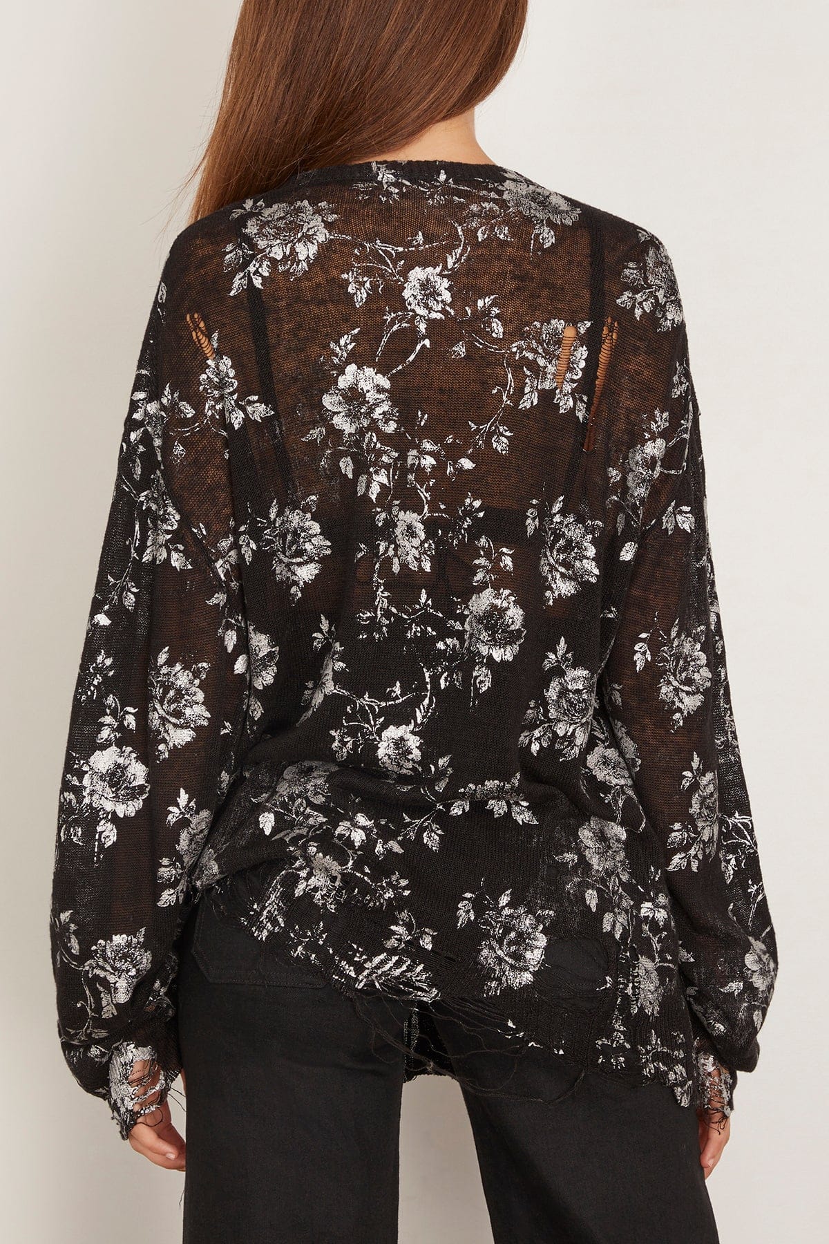 R13 Printed Boyfriend Cardigan in Silver Floral on Black