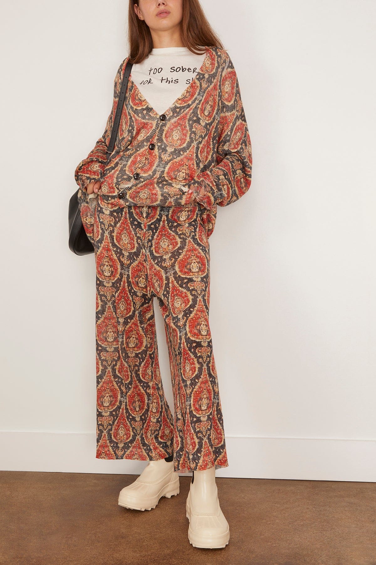 R13 Printed Cropped Wide Leg Sweater Pants in Black/Red Multicolor